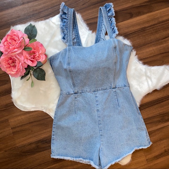 Honey Punch Pants - Honey Punch Light Wash Ruffled Overalls